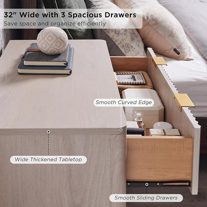 T4TREAM Fluted 3 Drawers Nightstand, Oversized Extra Large Modern Side Table, End Table Bedside for Bedroom, Living Room, Curved Profile Design, White Alder