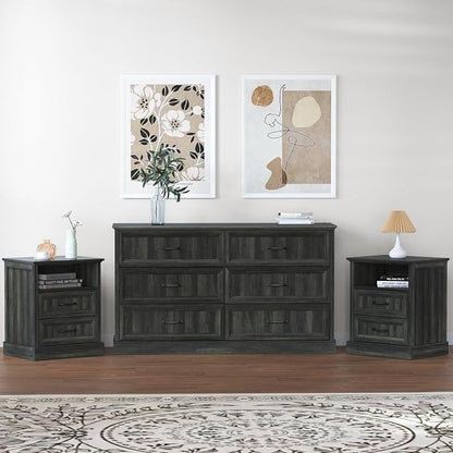 Tradare 3 Pcs Farmhouse Dresser and Nightstand Sets for Bedroom, 6 Drawer Dresser & Nightstand Set of 2, Rustic Wooden Chest of Drawers Wide Storage Organizer for Bedroom, Grey
