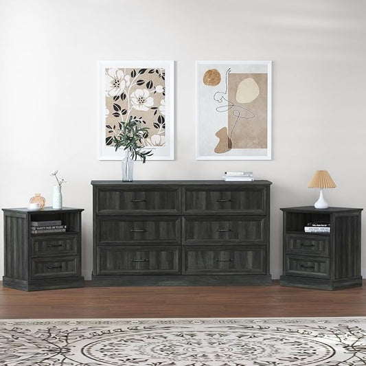 Tradare 3 Pcs Farmhouse Dresser and Nightstand Sets for Bedroom, 6 Drawer Dresser & Nightstand Set of 2, Rustic Wooden Chest of Drawers Wide Storage Organizer for Bedroom, Grey