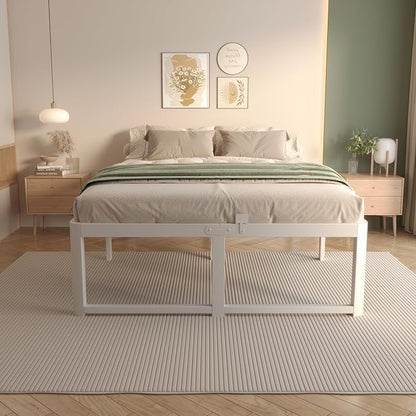 VYM 16 Inch Bed Frame Queen Size, Heavy Duty Platform Bed Frame Support 3500 LBS, No Box Spring Needed, DIY Headboard, Anti-Slip Mattress Stopper, Round Corner Leg, Easy Assembly, White