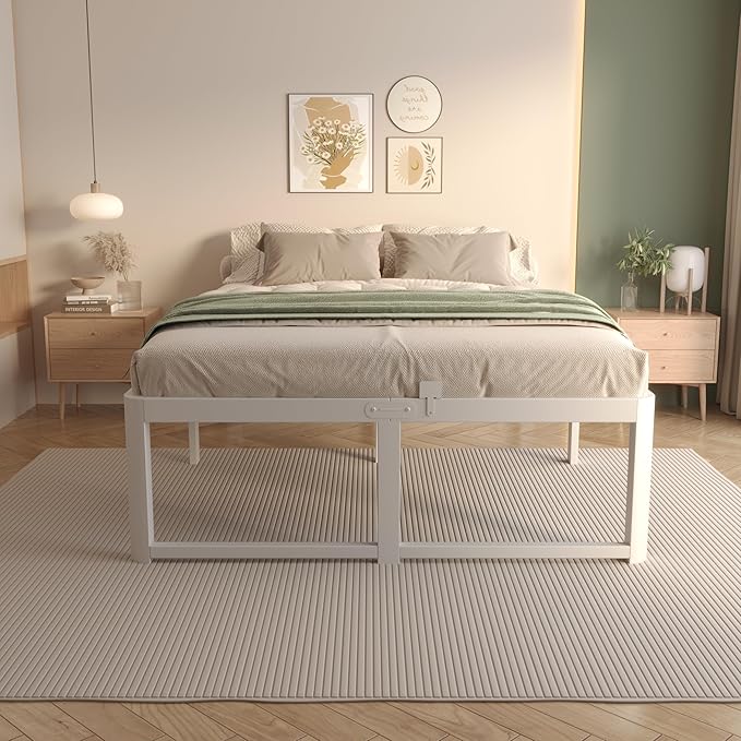 VYM 16 Inch Bed Frame King Size with Metal Gaskets, Anti-Slip Mattress Stopper, No Box Spring Needed, Heavy Duty Steel Support 3500 LBS, DIY Headboard, Round Corner Leg, Easy Assembly, White