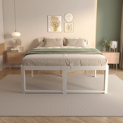 VYM 16 Inch Bed Frame King Size with Metal Gaskets, Anti-Slip Mattress Stopper, No Box Spring Needed, Heavy Duty Steel Support 3500 LBS, DIY Headboard, Round Corner Leg, Easy Assembly, White