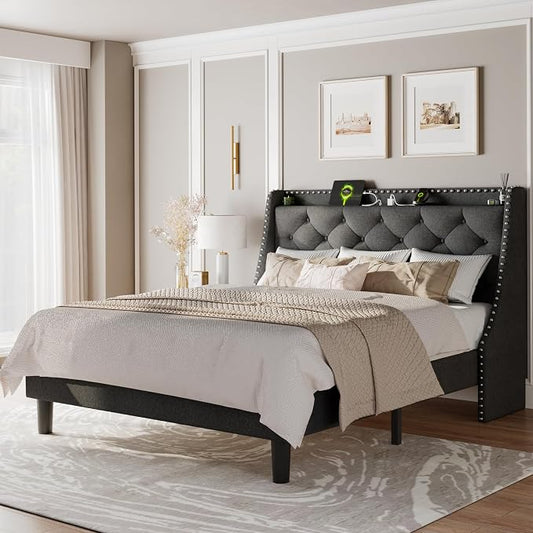 Feonase Full Size Bed Frame with Luxury Wingback and Fast Charging Station,Full Upholstered Button Tufted Storage Headboard Platform Bed,Sturdy Wooden Slats Support,Noise-Free, Easy Assembly,Dark Gray