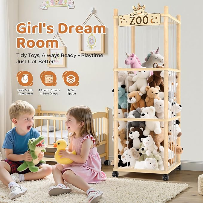 Stuffed Animal Storage Zoo Tower,56In Wooden Large Stuffed Animal Holder Organizer with Wheels,Stuffy Plushies Storage with Elastic Band&Mesh Bottom,Toy Storage Organizers for Playroom Bedroom Nursery