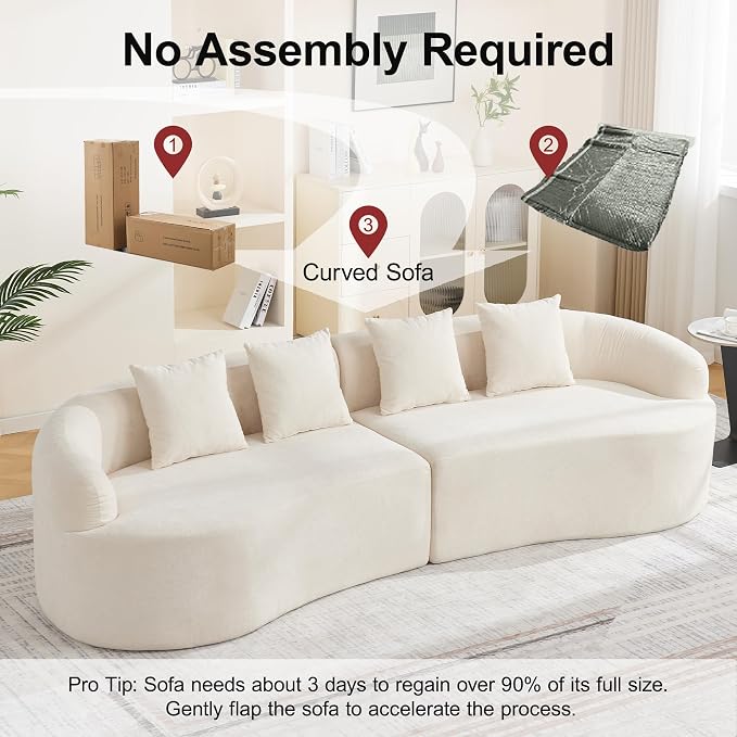 110.2" Curved Boneless Couch, Oversized Cloud Sofa with 4 Pillows, Modern 4 Seater Modular Sectional Sofa, Boneless Sectional Couches for Living Room, Curved Foam Couch, Beige