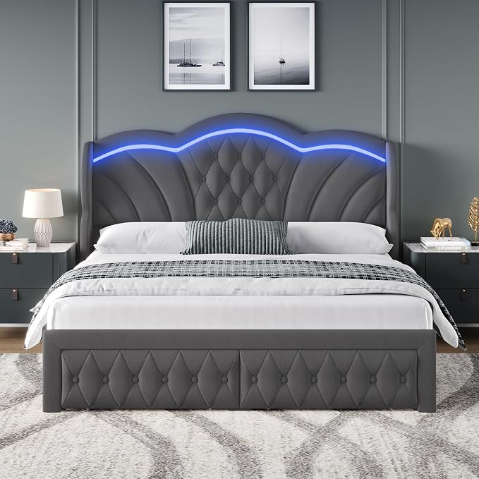 Keyluv Queen Bed Frame with LED Lights and 2 Storage Drawers, Velvet Upholstered Platform with 47" Tall Arc-Shaped Wingback Headboard and Button Tufted Design, No Box Spring Needed, Noise-Free, Gray