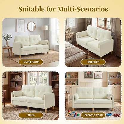 65" Loveseat Sofa, Mid Century Loveseat Couch for Living Room with Storage Pockets, Upholstered Small Loveseat for Small Spaces, Bedroom, Home Office, Apartments, Small Sofa Chenille Beige