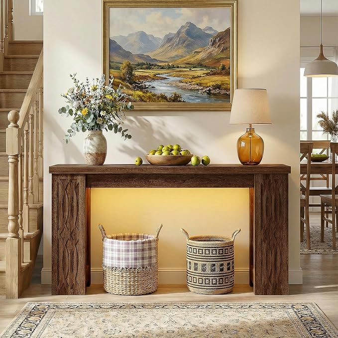 Cyclysio 47" Console Table with Outlet, Farmhouse Entryway Table with Colorful LED Lights, Wooden Sofa Table with Unique Carved Design, Foyer Accent Table for Entrance, Hallway, Living Room