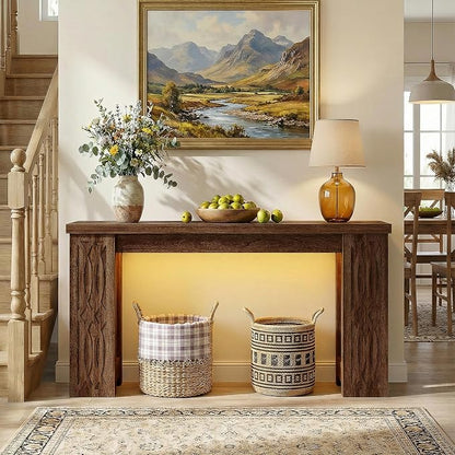 Cyclysio 47" Console Table with Outlet, Farmhouse Entryway Table with Colorful LED Lights, Wooden Sofa Table with Unique Carved Design, Foyer Accent Table for Entrance, Hallway, Living Room