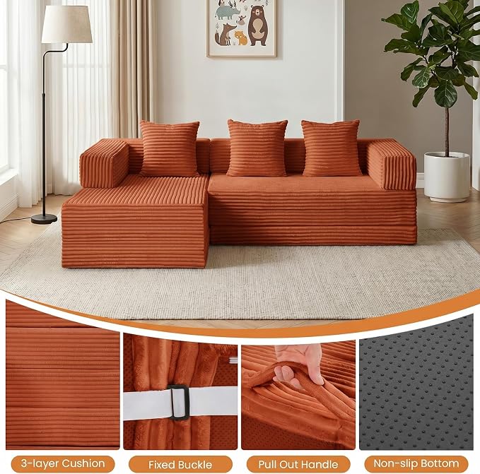 79" Modular Sectional Sofa, Boneless Convertible Sleeper Sofa Bed, Modern Tri-Folding Cloud Couch with L-Shape Chaise, Corduroy Futon for Living Room Small Spaces Apartment, No Assembly,Orange