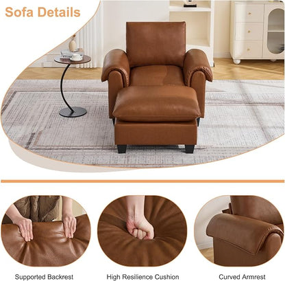 44.5" Faux Leather Oversized Single Sofa with Movable Ottoman, Accent Chair with Curved Armrests, Cloud Modern Sofa Upholstered Reading Lounge Armchair for Living Room, Bedroom，Brown