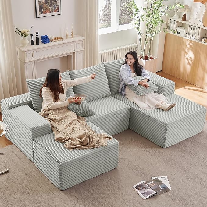 107" Comfy U-Shaped Sectional Modern Boneless Corduroy Couch with Chaise - No Assembly Required! Deep-Seat, Upholstered Modular Cloud Sofa for Living Room, Plush Corduroy Fabric Grey