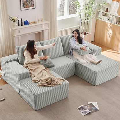 107" Comfy U-Shaped Sectional Modern Boneless Corduroy Couch with Chaise - No Assembly Required! Deep-Seat, Upholstered Modular Cloud Sofa for Living Room, Plush Corduroy Fabric Grey