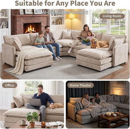 GNIXUU Cloud Couch Oversized Modular Sectional Sofa for Living Room, Modern Chenille 7 Seater Corner Sofa with Deep Seat, Large U-Shaped Couch Set for Spacious Space Apartment, Camel
