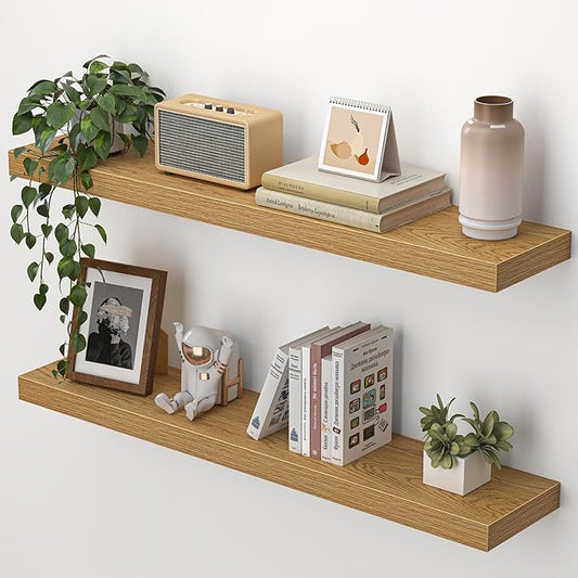 Heimlove Floating Shelves for Wall 32 Inch,Mounted Storage Wood Shelves with Invisible Brackets Hanging Shelf for Bedroom Living Room Kitchen Office,Set of 2,Oak Color