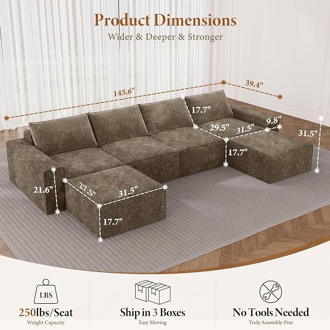 Vesgantti 145.6" Modular Boneless Couch, Modern U Shaped 6 Seater Sectional Sofa with 2 Ottoman & Deep Seat, Convertible Chenille Cloud Couches for Living Room, No Assembly Required, Dark Brown