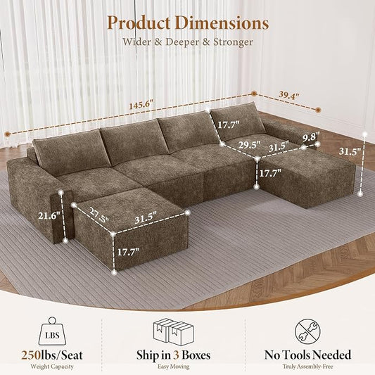 Vesgantti 145.6" Modular Boneless Couch, Modern U Shaped 6 Seater Sectional Sofa with 2 Ottoman & Deep Seat, Convertible Chenille Cloud Couches for Living Room, No Assembly Required, Dark Brown