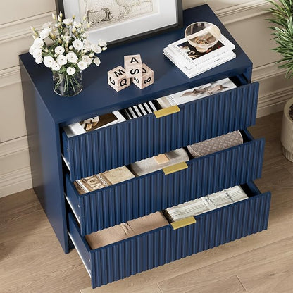 Furniway Navy Blue Dresser Bedroom Set 3 Pieces, Nightstands Sets of 2, 8 Drawer Dresser with Gold Handles for Bedroom
