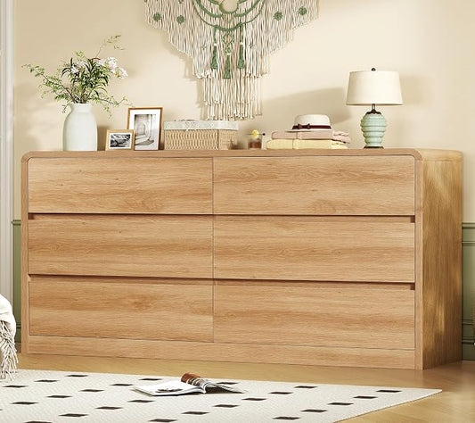 TEENFON 55" Dresser for Bedroom with 6 Drawers, Dressers & Chests of Drawers with Curved Profile Design, 6 Drawer Dresser, Bedroom Dressers, Wood Dressers for Bedroom, Hallway, Natural