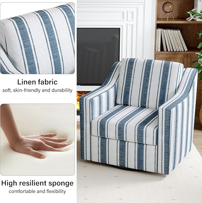 Swivel Accent Chair, Modern Round Barrel Arm Chair for Living Room, Bedroom, Comfy Club Reading Chairs for Adults (Stripe Navy Blue, Set of 1)