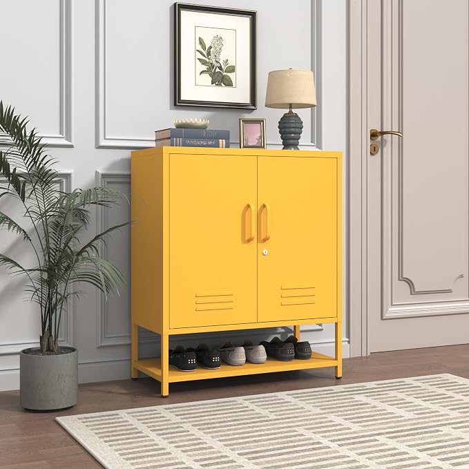 Wide 3-Tier Metal Shoe Storage Cabinet, Multifunctional Household Shoe Organizer with Adjustable Shelves for Home & Entryway Yellow 33" H X 29.5" W X 13.8" D