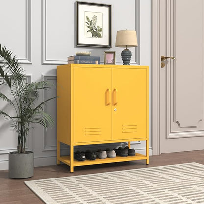 Wide 3-Tier Metal Shoe Storage Cabinet, Multifunctional Household Shoe Organizer with Adjustable Shelves for Home & Entryway Yellow 33" H X 29.5" W X 13.8" D