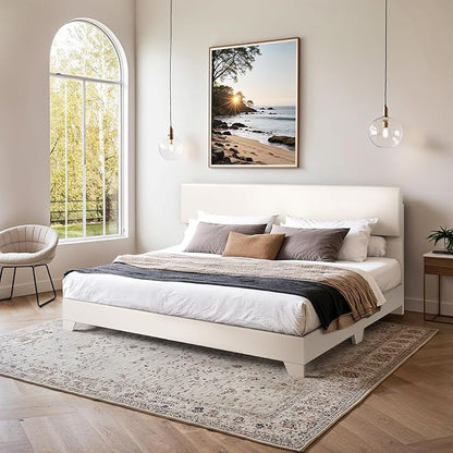 SHA CERLIN PU Leather Upholstered King Size Bed Frame with Headboard,White | Adjustable Low-Profile Platform Bed, Minimalist Design, Stable Mattress Foundation, Strong Back-Support, No Box Spring Needed