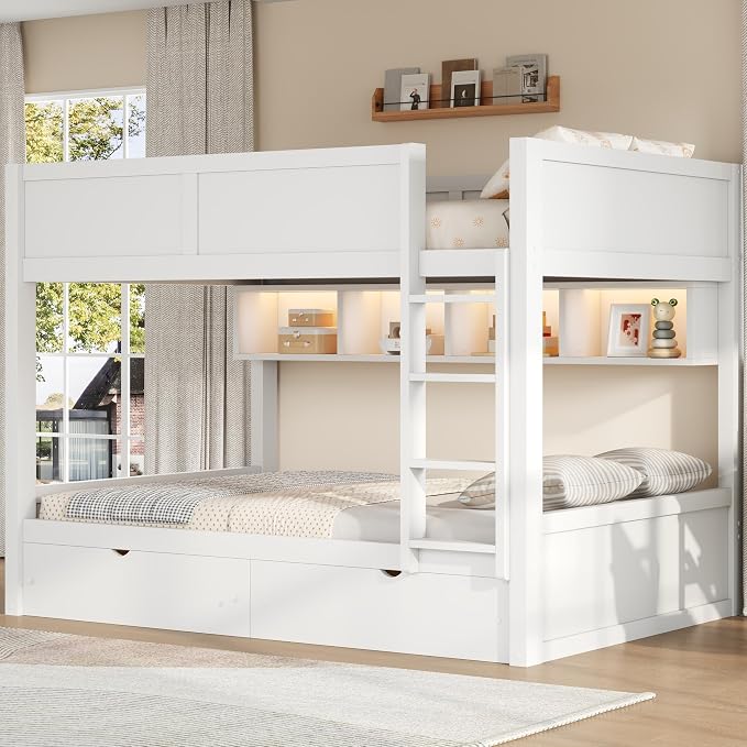 Merax Full XL Over Full XL Wood Bunk Bed with Ladder, Storage Shelves & Drawers, Floor Multifunction Bunk Bed with Full Length Gardrails for Bedroom, Space Saving,White