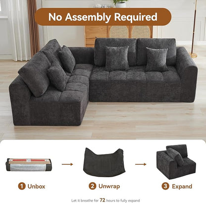 110''Modular Sectional Couches for Living Room, Cloud Boneless Compressed Sofa Left Facing Chaise, Oversized L Shaped 4 Seater Memory Foam Sofa, No Assembly, Chenille Grey