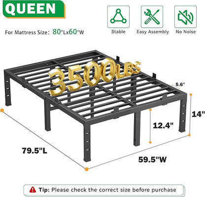 14 Inch Queen Bed Frames,Heavy Duty Metal Queen Size Platform 3500 lbs Capacity, No Box Spring Needed, 6 Mattress Slide Stopper, Headboard Holes, Noise-Free, Easy Assembly