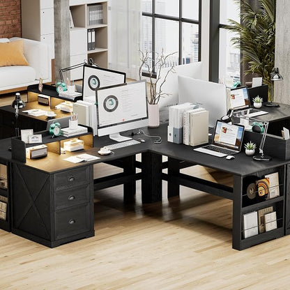 Lareth Executive L Shaped Desk with Monitor Stand, 59 inch Farmhouse Corner Computer Desk with Power Outlets & LED Lights, Home Office Desk with File Cabinet for Working Gaming Writing, Black