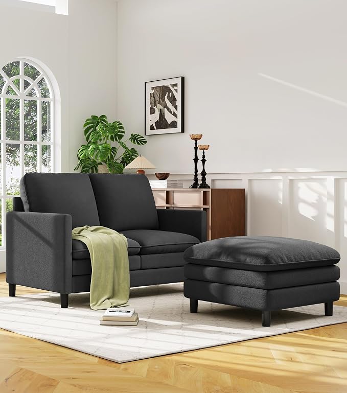 Welzona 3-Layers Cloud L Shaped Couch, 51" Loveseat Sofa Living Room, Bedroom - Tool-Free Assembly with Teddy Fabric Small L Shape Sofa - Grey - Removable Washable Covers - 650lbs Capacity