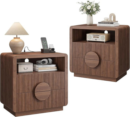 23" Wide Fluted Nightstands Set of 2, Mid Century Bedside Tables with Charging Station, Wood End Table with 2 Drawers and Open Shelf for Bedroom, Home Office, Walnut