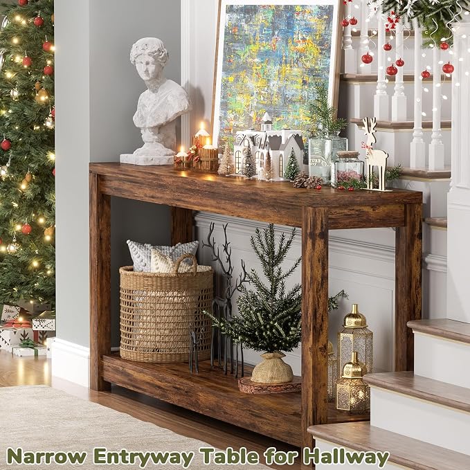 Besiost 47" Farmhouse Wood Entryway Table Narrow Console Table with Storage Behind Couch Sofa Table with Shelves Entry Way Table with Open Storage, Easy Assembly, Rustic Brown