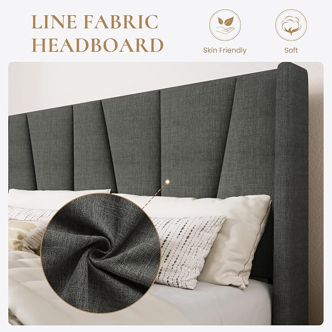 SHA CERLIN King Size Bed Frame with Geometric Wingback Headboard, Upholstered Platform Bed with, 8" Under-Bed Space, No Box Spring Needed, Easy Assembly, Grey