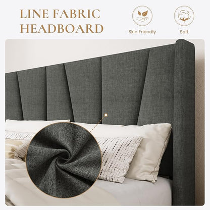 SHA CERLIN King Size Bed Frame with Geometric Wingback Headboard, Upholstered Platform Bed with, 8" Under-Bed Space, No Box Spring Needed, Easy Assembly, Grey