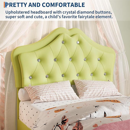 Twin Size Bed Frame for Girls with Storage Drawers & LED Lights, Upholstered Platform Bed, Velvet Crystal Button Princess Bed, Noise-Free Slats, No Box Spring Needed for Kids, Teens, Avocado Green