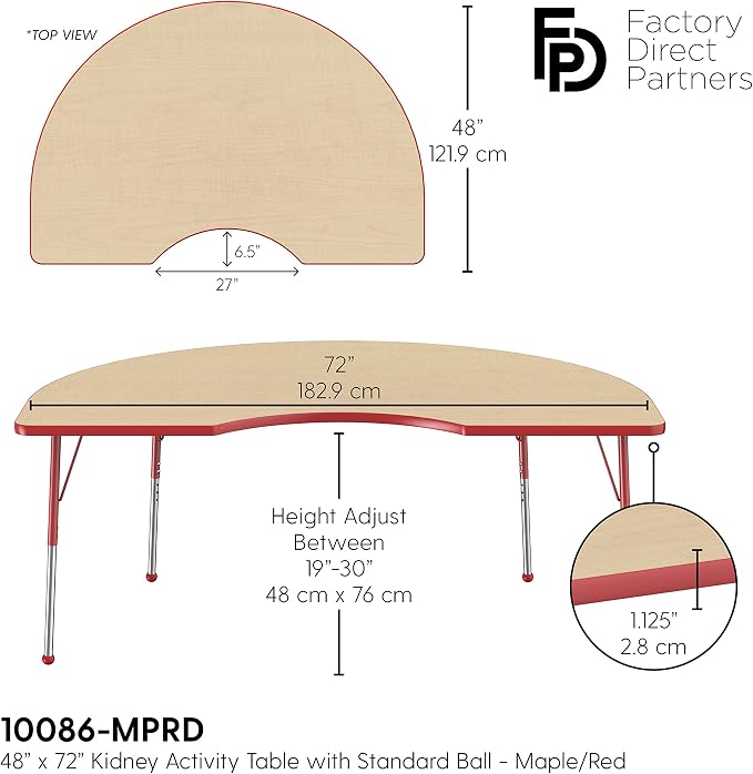 FDP Kidney Activity School and Office Table (48 x 72 inch), Standard Legs with Ball Glides for Collaborative Seating Environments, Adjustable Height 19-30 inches - Maple Top and Red Edge