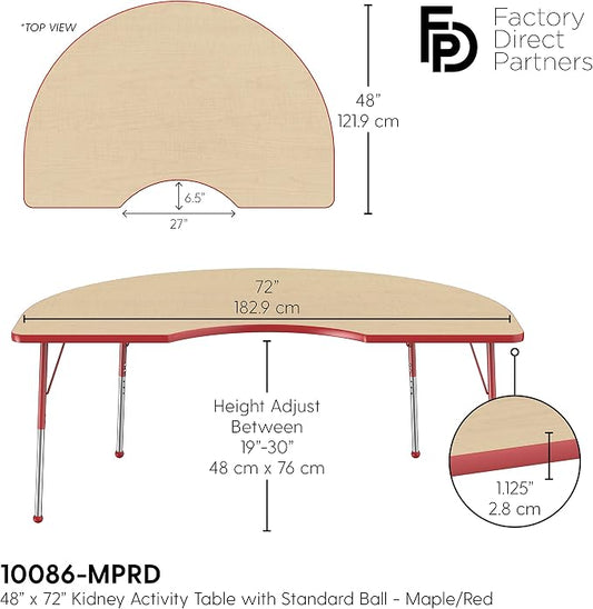 FDP Kidney Activity School and Office Table (48 x 72 inch), Standard Legs with Ball Glides for Collaborative Seating Environments, Adjustable Height 19-30 inches - Maple Top and Red Edge