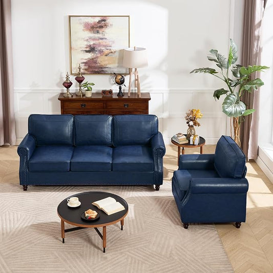 Kingfun Mid-Century Modern Couch, Faux Leather Sofa Set, 3 Seater Couch for Living Room with Rolled arms & Nailhead Trim, Blue