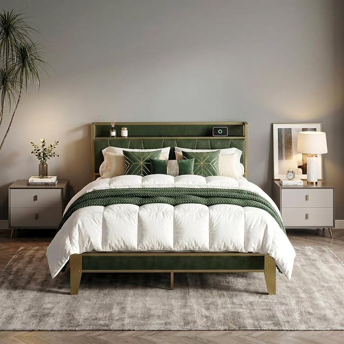 LIKIMIO Full Bed Frame, Storage Headboard with Charging Station, Solid and Stable, Noise Free, No Box Spring Needed, Easy Assembly (Dark Green)