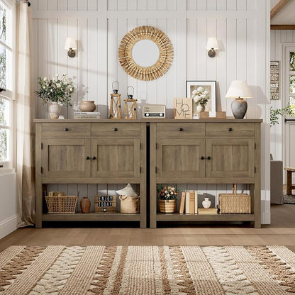 HOSTACK Farmhouse Console Table with 2-Door Cabinet & 2 Drawers, Coffee Bar, Entryway Table with Storage Shelf, Sofa Tables Buffet Sideboard for Kitchen, Hallway, Dining, Living Room, Rustic Brown