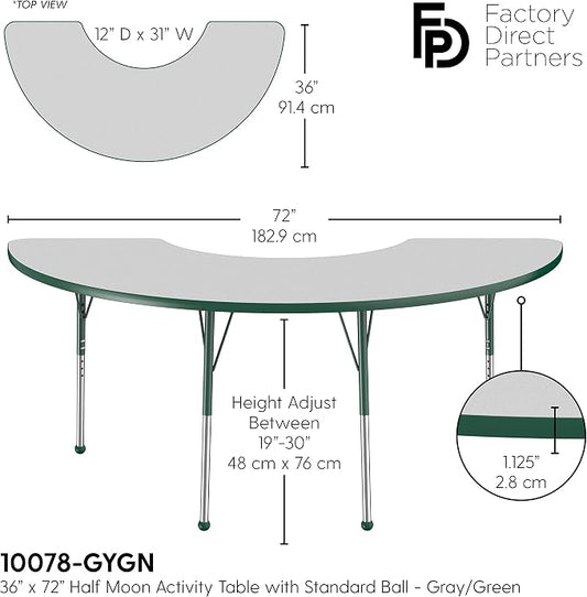 FDP Half Moon Activity School and Office Table (36 x 72 inch), Standard Legs with Ball Glides for Collaborative Seating Environments, Adjustable Height 19-30 inches - Gray Top and Green Edge