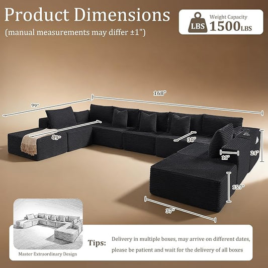168" Cloud Sectional Couch, Comfort U Shaped Sofa for Living Room, Extra Deep Seats No Assembly, Minimalist Modular Couch, Corduroy (Black, 9 Seats,U-Shape A)
