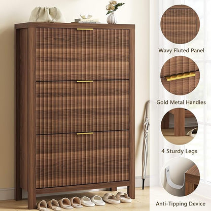 YOMILUVE Shoe Cabinet Storage for Entryway, Fluted Shoe Cabinet with 3 Flip Drawers, Hidden Shoe Rack Tall Freestanding Shoe Organizer with Legs for Hallway, Walnut