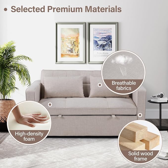 HAOMARKETS 3 in 1 Convertible Sleeper Sofa Bed, Loveseat Chaise Lounge with Pullout Bed, 2-Seater Futon Couches with Storage Pockets, 3-Level Adjustable Backrest and Pillows for Living Room, White
