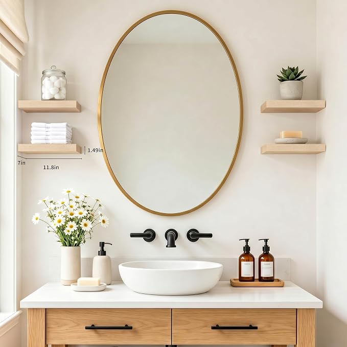 Oak Floating Shelves for Wall, Set of 4 Rustic Wood Shelves Over Toilet for Bathroom, Bedroom, Kitchen & Living Room Decor Display, for Plants, Towels & Books, 12"x7"x1.5"