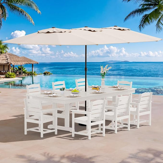 SERWALL 10 Piece 84" HDPE Outdoor Dining Set for 8 with 15ft Double-Sided Umbrella, White