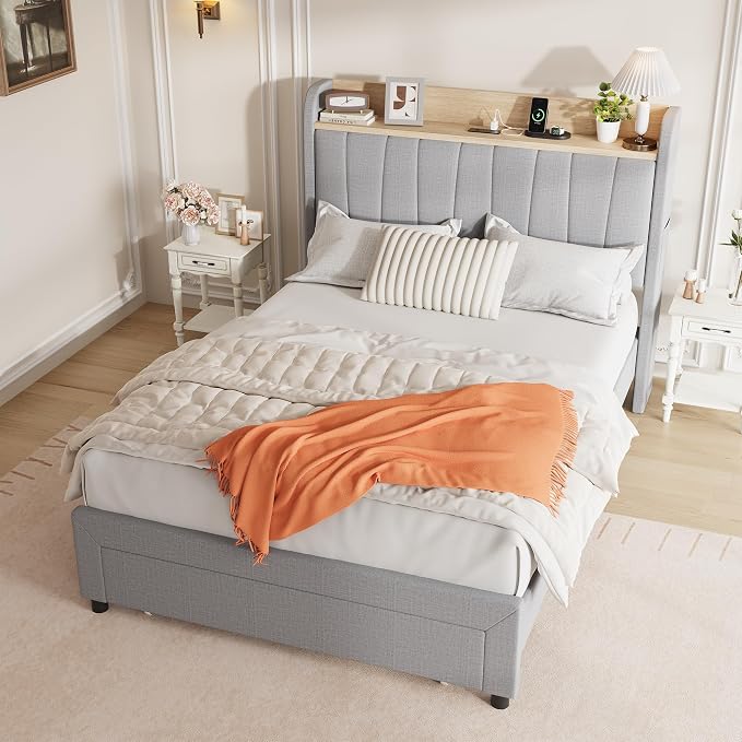 Garvee Queen Size Platform Bed Frame with Upholstered Storage Headboard, Built-in Charging Station, Metal Drawers, Wooden Slats, Sturdy and Noise-Free, Modern Bedroom Furniture - Twin, Light Gray