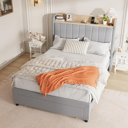 Garvee Queen Size Platform Bed Frame with Upholstered Storage Headboard, Built-in Charging Station, Metal Drawers, Wooden Slats, Sturdy and Noise-Free, Modern Bedroom Furniture - Twin, Light Gray
